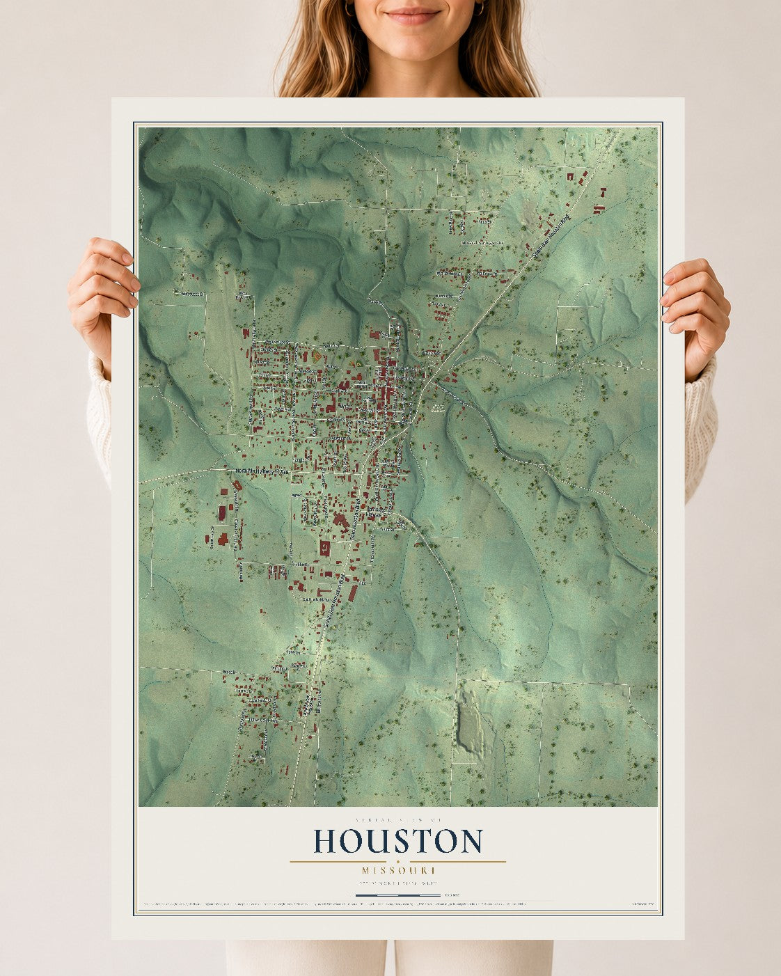 Map of Houston, Missouri, 24 x 36 inch unframed archival matte print