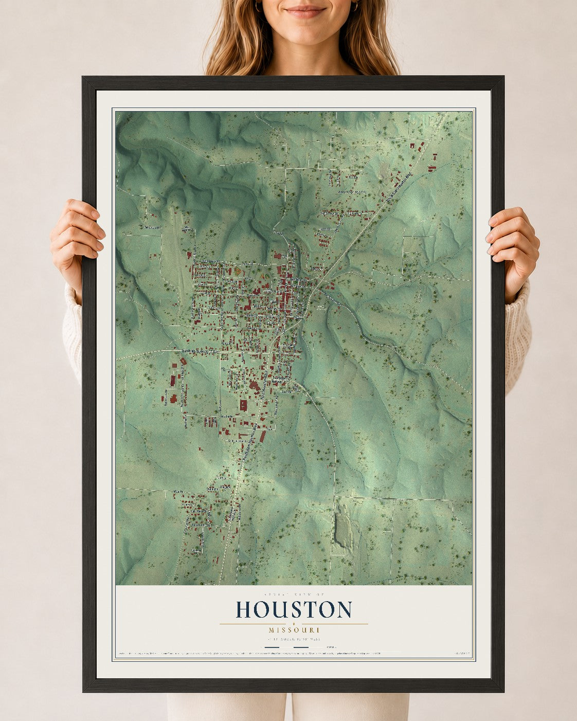 Map of Houston, Missouri, 24 x 36 inch print in a black wood frame