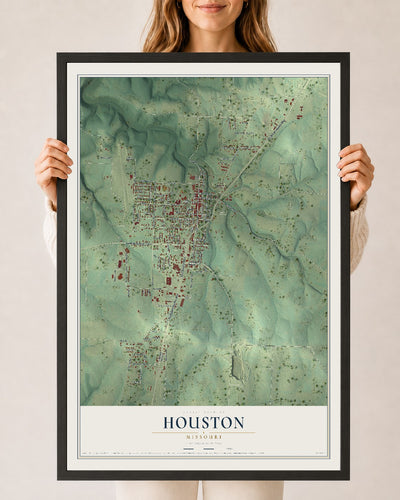 Map of Houston, Missouri, 24 x 36 inch print in a black wood frame