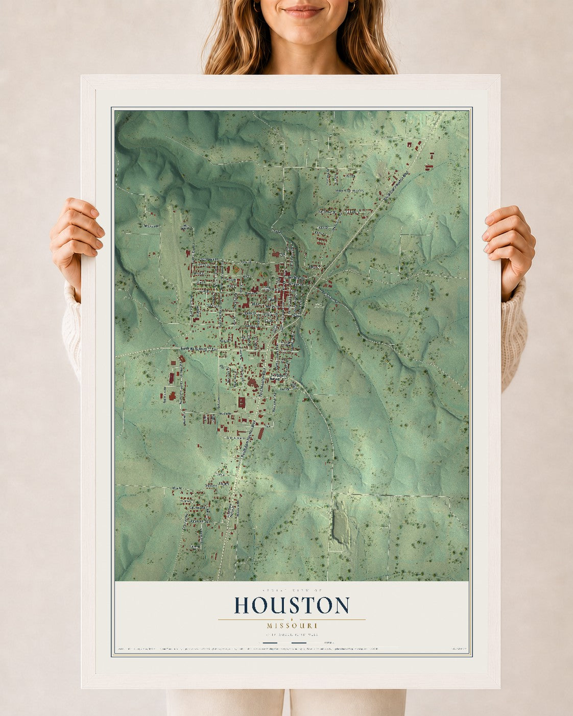 Map of Houston, Missouri, 24 x 36 inch print in a white wood frame