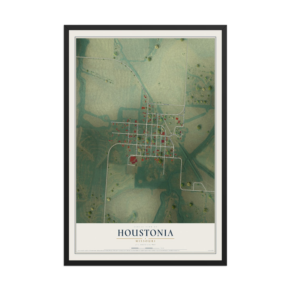 Map of Houstonia, Missouri, 12 x 18 inch print in a black wood frame