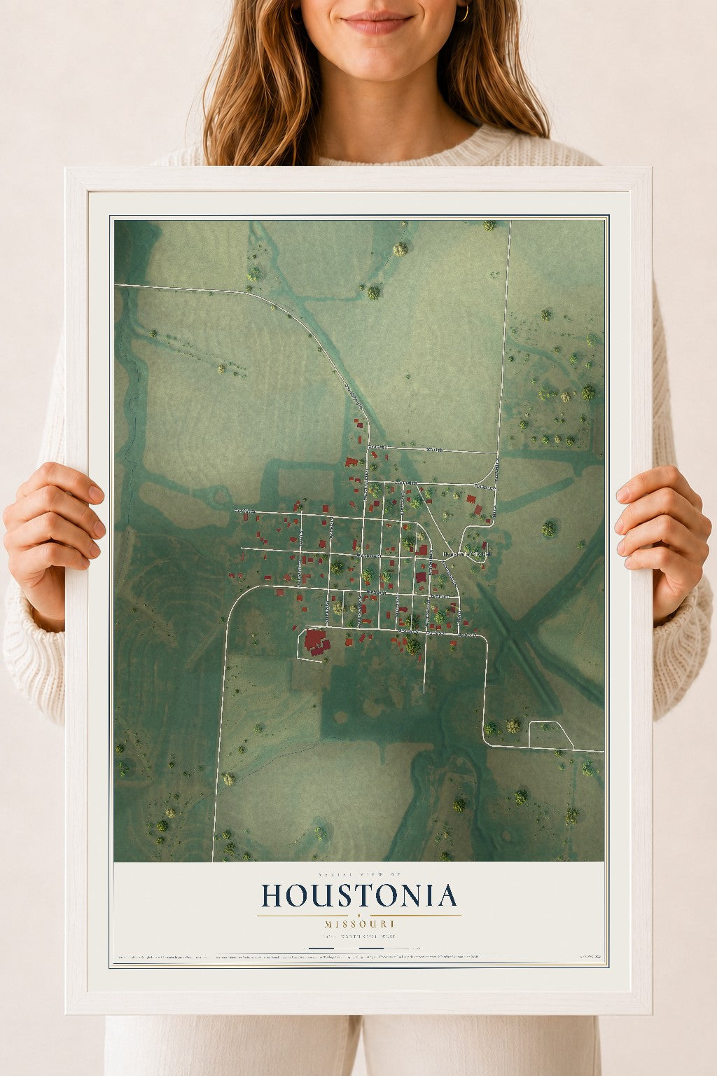 Map of Houstonia, Missouri, 18 x 24 inch print in a white wood frame