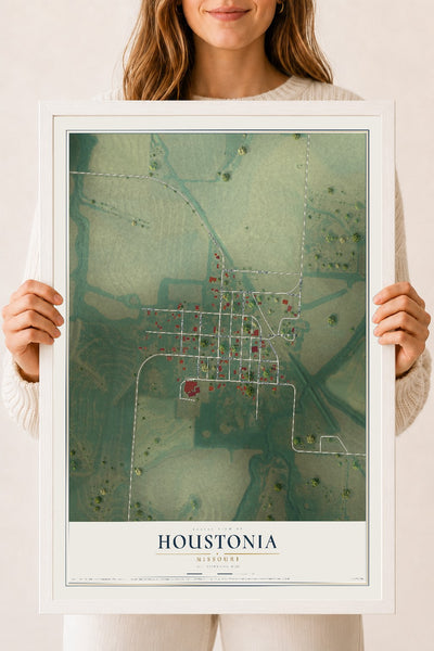 Map of Houstonia, Missouri, 18 x 24 inch print in a white wood frame
