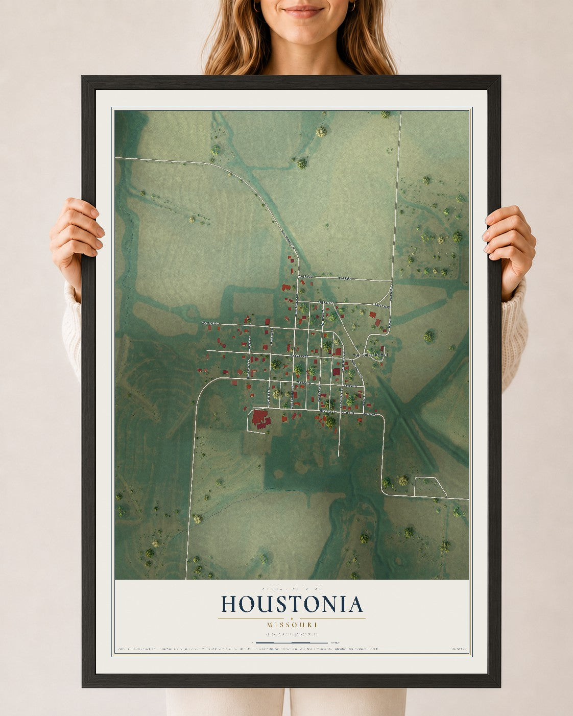 Map of Houstonia, Missouri, 24 x 36 inch print in a black wood frame