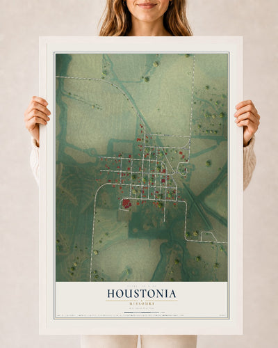 Map of Houstonia, Missouri, 24 x 36 inch print in a white wood frame