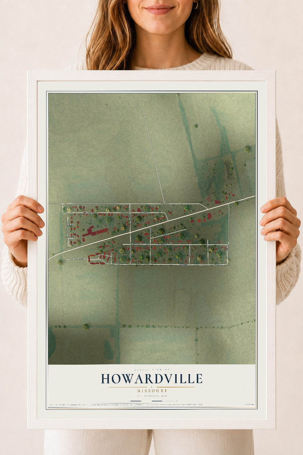 Map of Howardville, Missouri, 18 x 24 inch print in a white wood frame