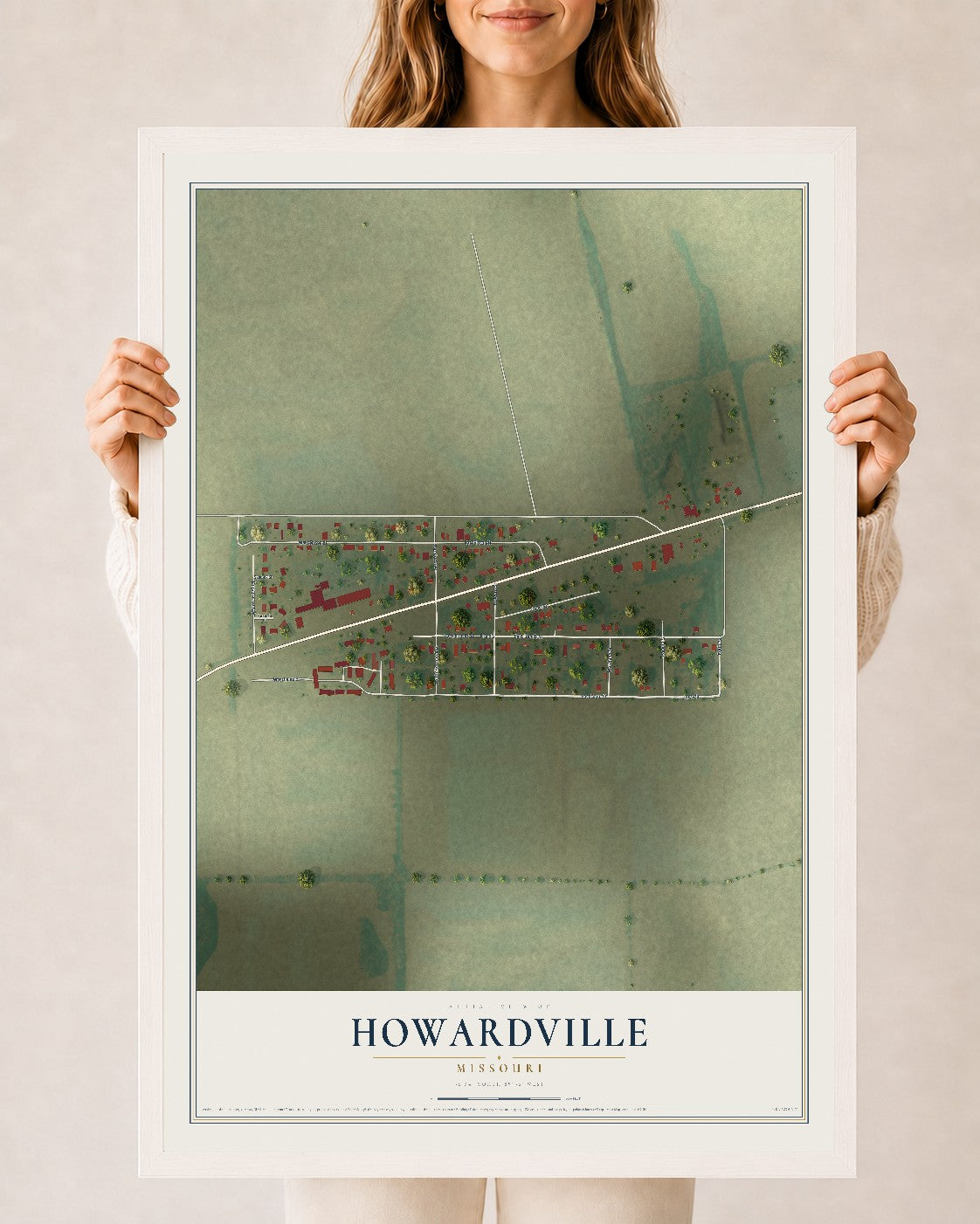 Map of Howardville, Missouri, 24 x 36 inch print in a white wood frame
