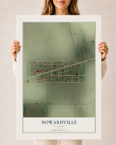 Map of Howardville, Missouri, 24 x 36 inch print in a white wood frame