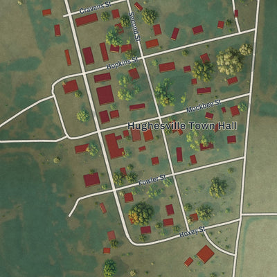 Close-up of the map of Hughesville, Missouri print showing street and building detail