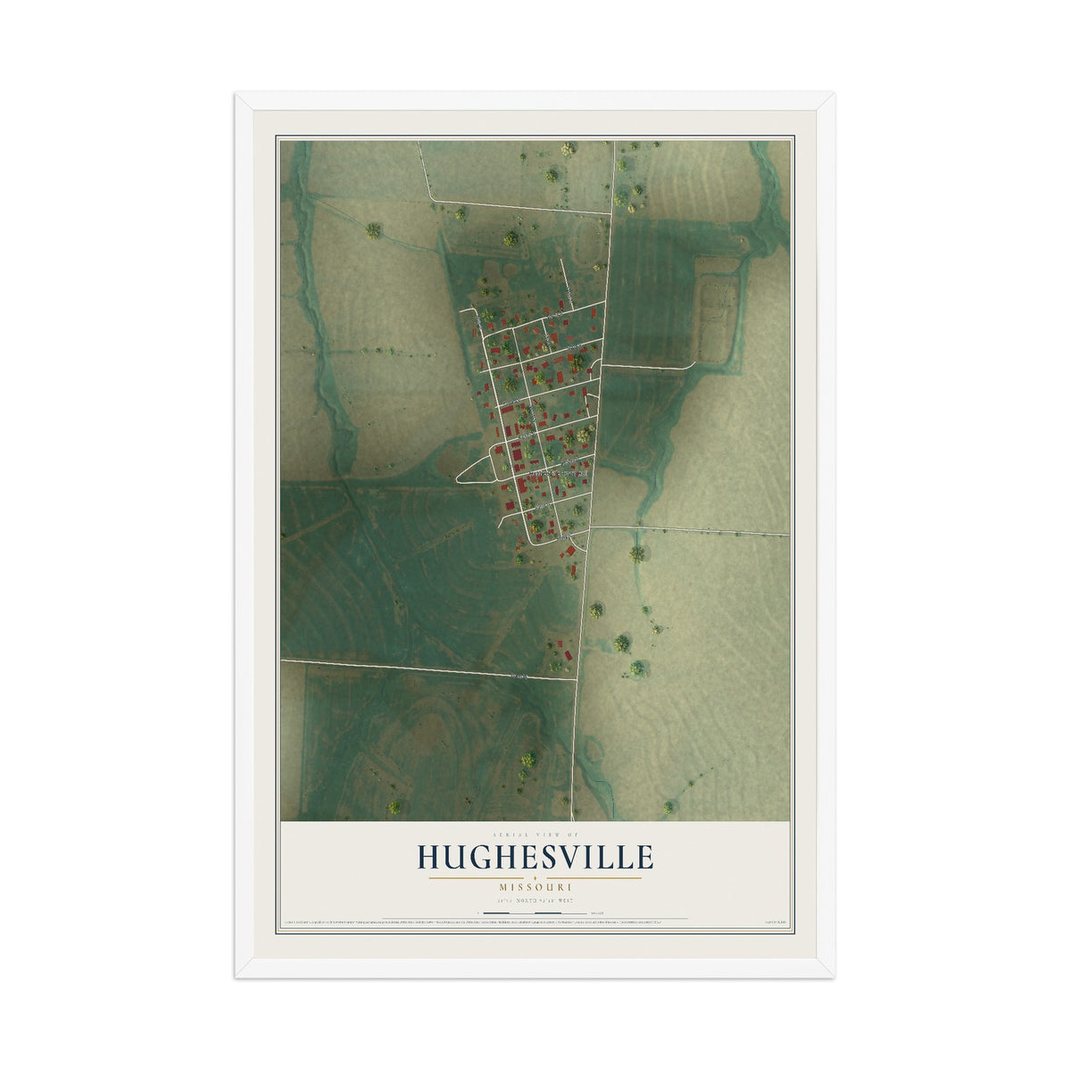 Map of Hughesville, Missouri, 12 x 18 inch print in a white wood frame