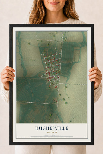Map of Hughesville, Missouri, 18 x 24 inch print in a black wood frame