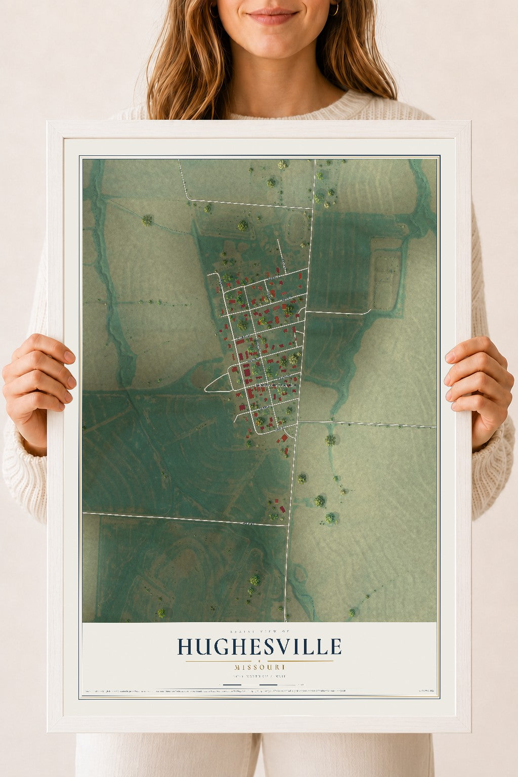 Map of Hughesville, Missouri, 18 x 24 inch print in a white wood frame