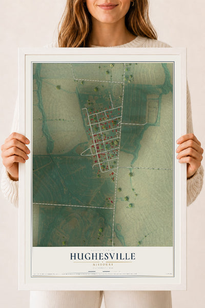 Map of Hughesville, Missouri, 18 x 24 inch print in a white wood frame
