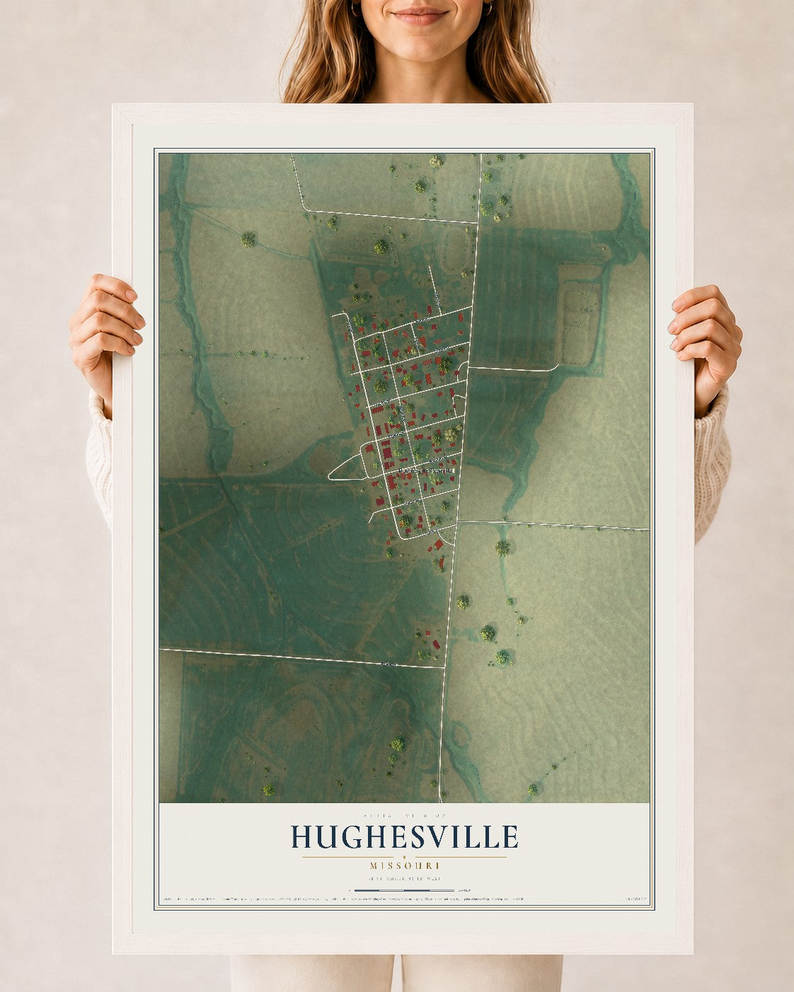 Map of Hughesville, Missouri, 24 x 36 inch print in a white wood frame