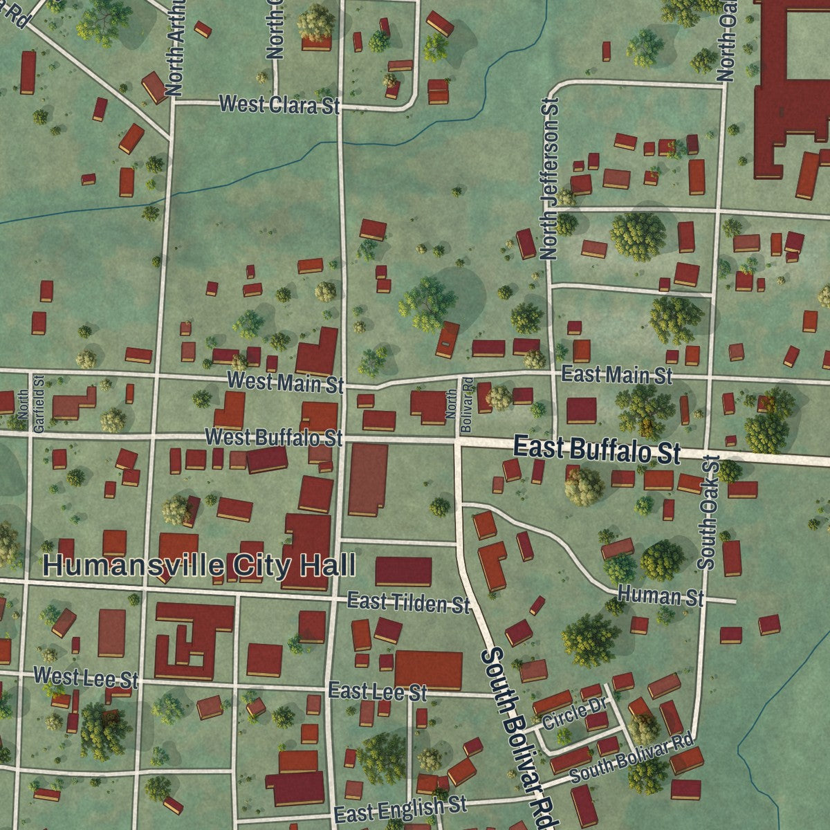 Close-up of the map of Humansville, Missouri print showing street and building detail