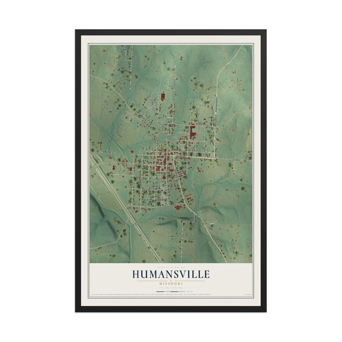 Map of Humansville, Missouri, 12 x 18 inch print in a black wood frame