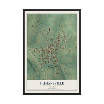 Map of Humansville, Missouri, 12 x 18 inch print in a black wood frame