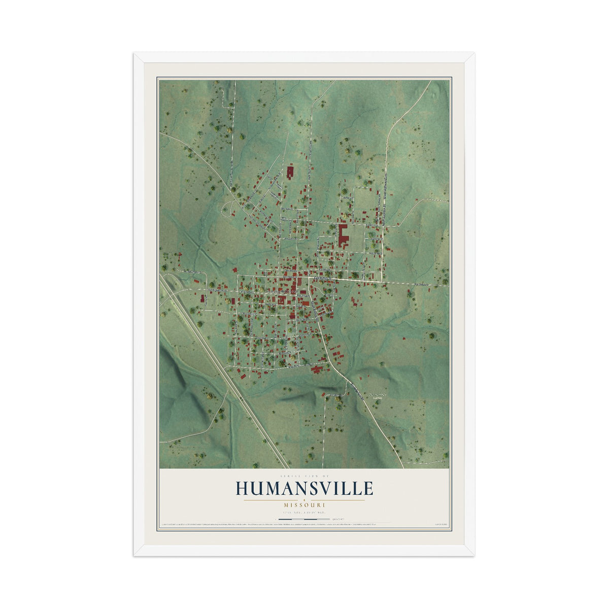 Map of Humansville, Missouri, 12 x 18 inch print in a white wood frame