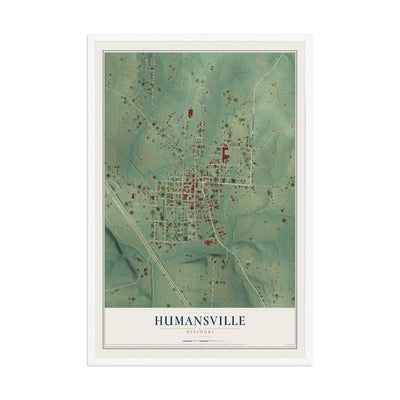 Map of Humansville, Missouri, 12 x 18 inch print in a white wood frame