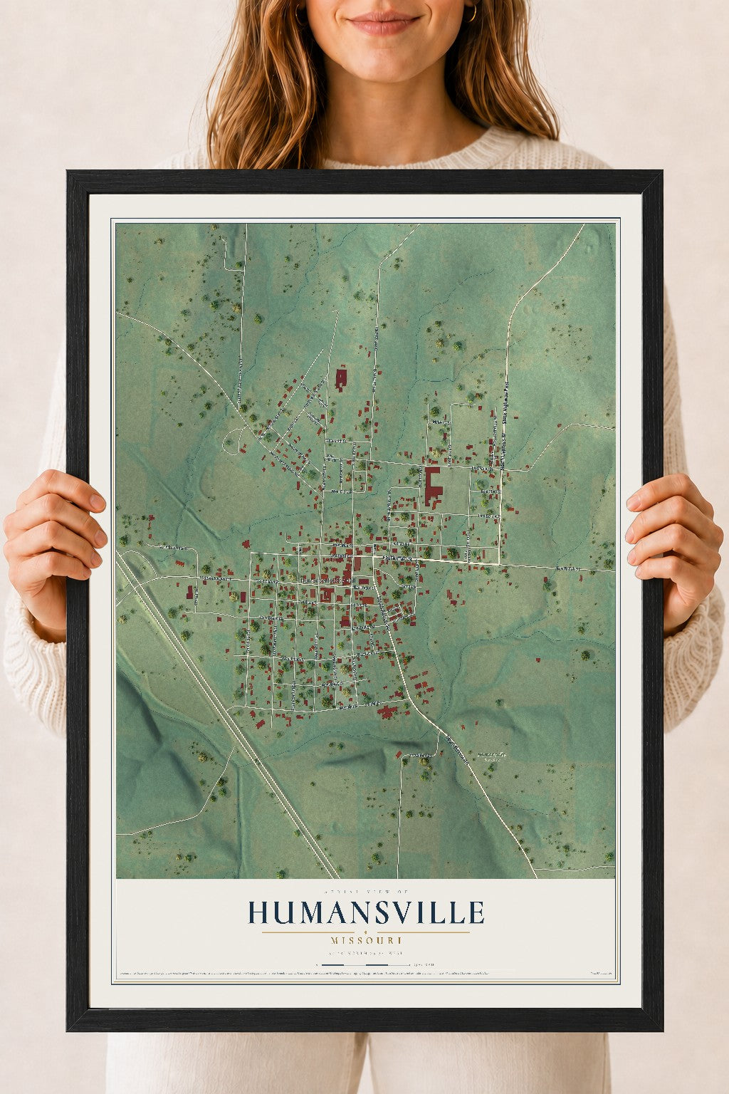 Map of Humansville, Missouri, 18 x 24 inch print in a black wood frame