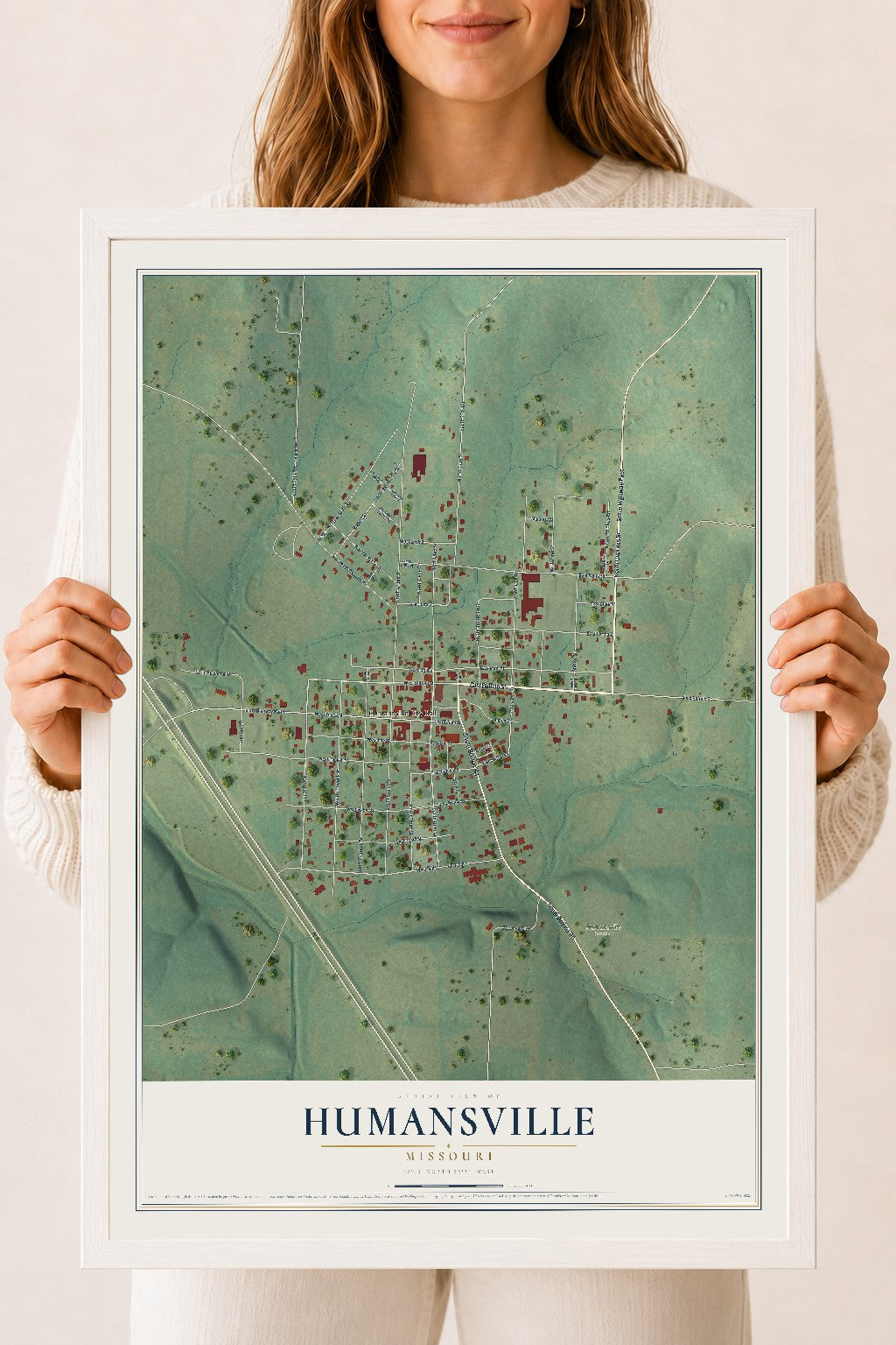 Map of Humansville, Missouri, 18 x 24 inch print in a white wood frame