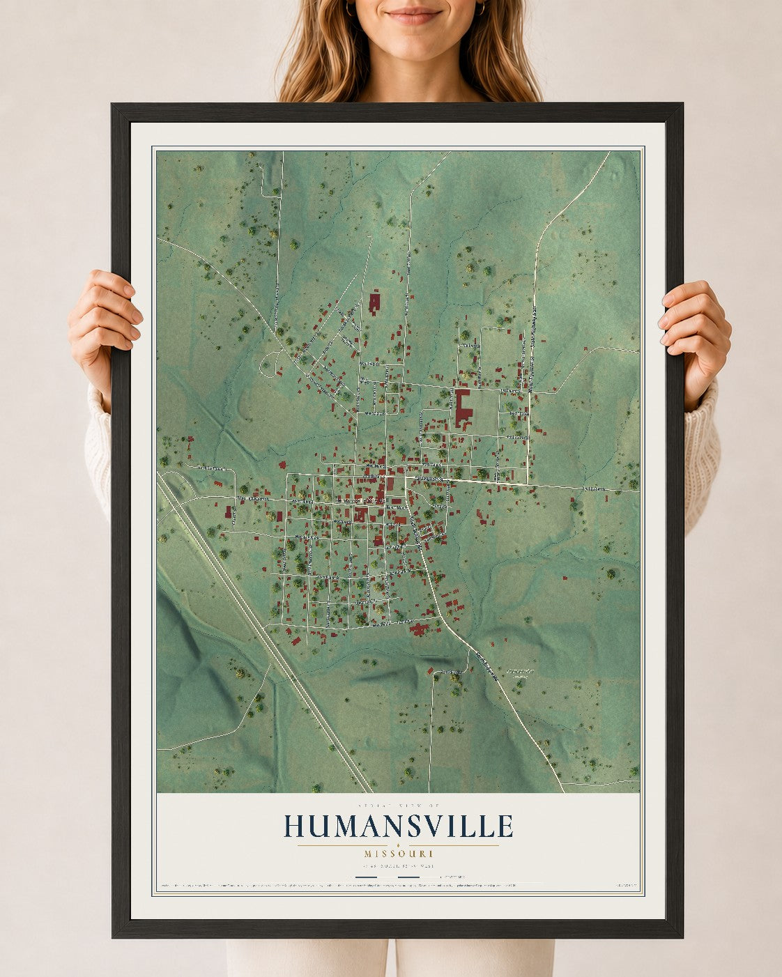 Map of Humansville, Missouri, 24 x 36 inch print in a black wood frame