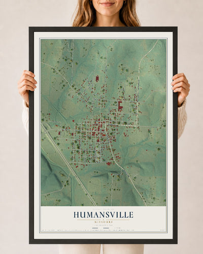 Map of Humansville, Missouri, 24 x 36 inch print in a black wood frame