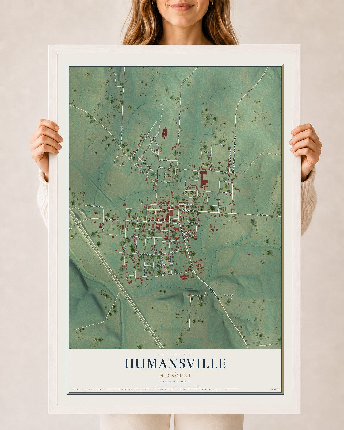 Map of Humansville, Missouri, 24 x 36 inch print in a white wood frame