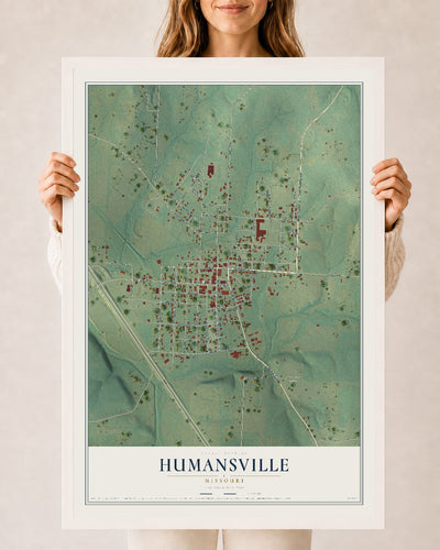 Map of Humansville, Missouri, 24 x 36 inch print in a white wood frame