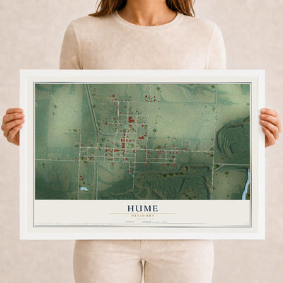 Map of Hume, Missouri, 12 x 18 inch print in a white wood frame