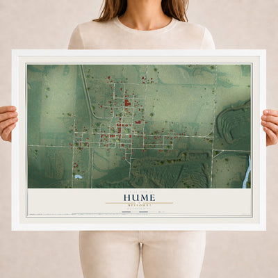 Map of Hume, Missouri, 18 x 24 inch print in a white wood frame