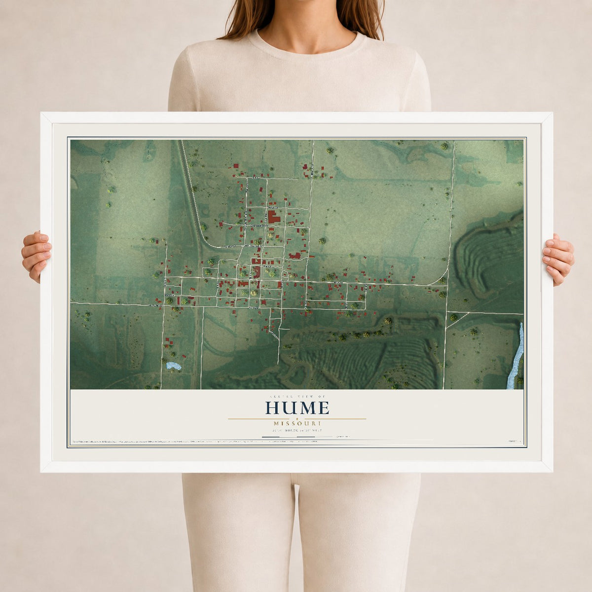 Map of Hume, Missouri, 24 x 36 inch print in a white wood frame