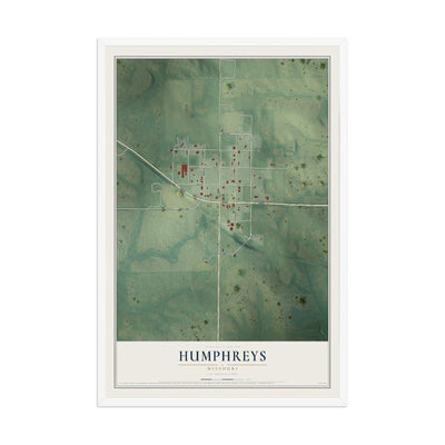 Map of Humphreys, Missouri, 12 x 18 inch print in a white wood frame
