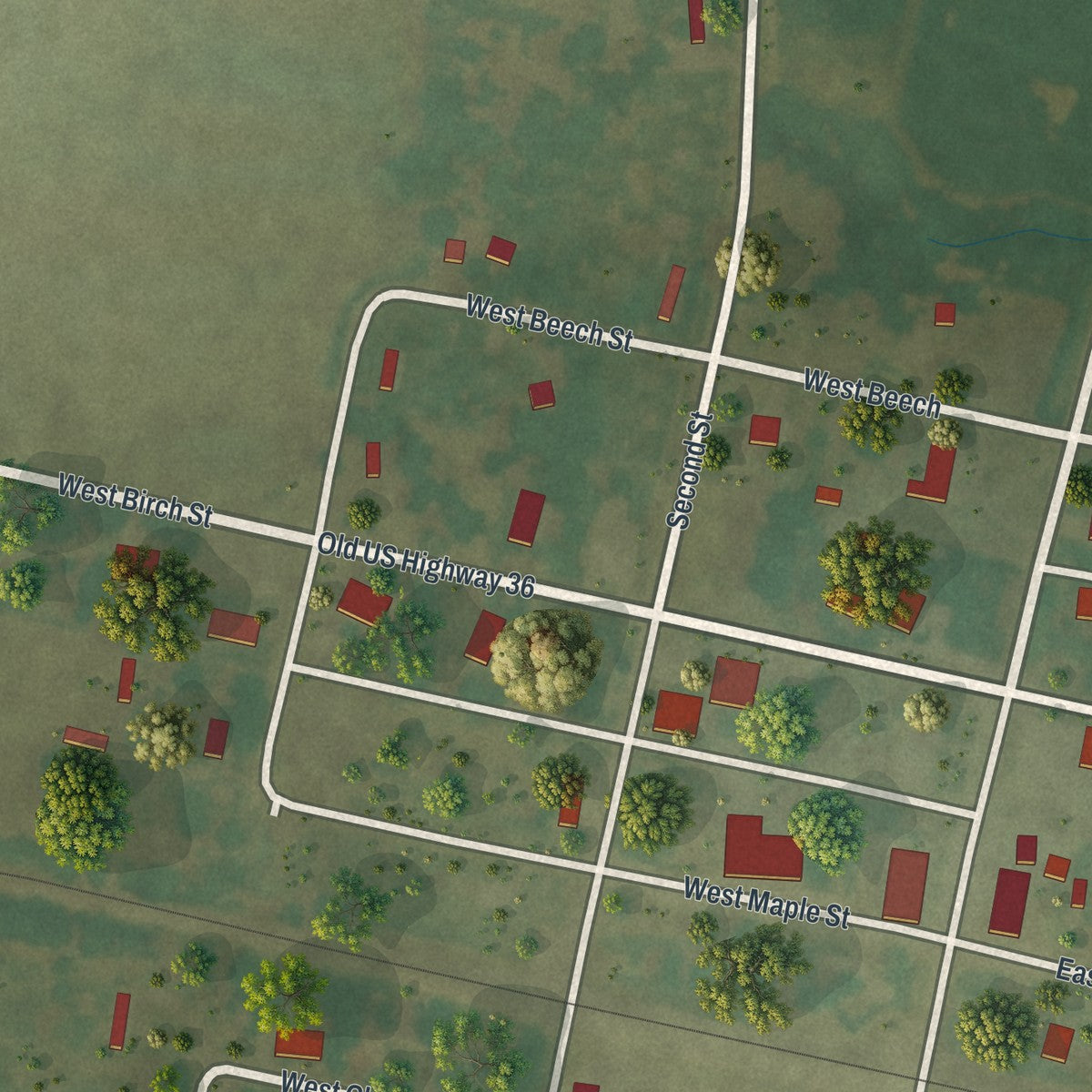 Close-up of the map of Hunnewell, Missouri print showing street and building detail