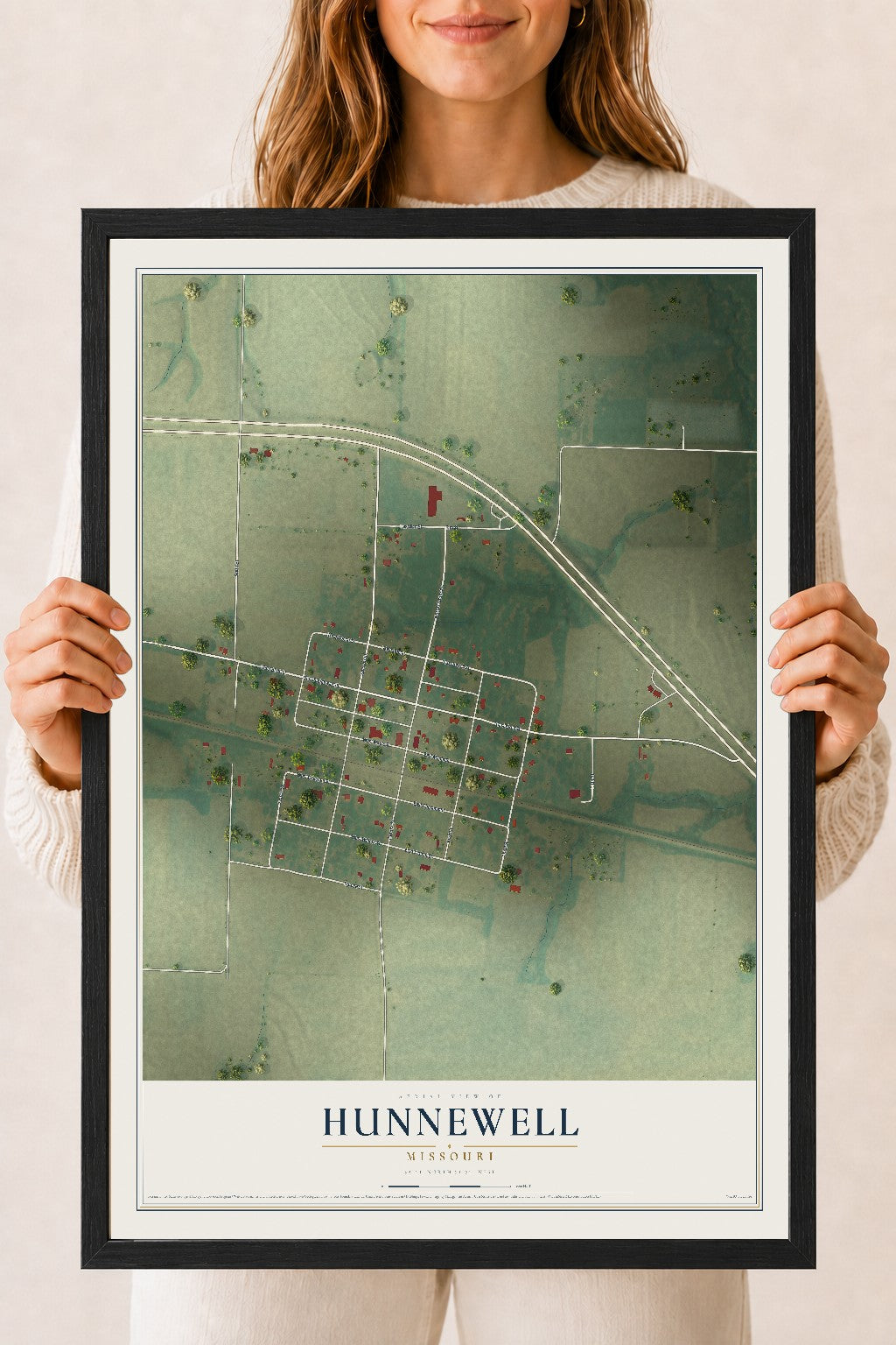 Map of Hunnewell, Missouri, 18 x 24 inch print in a black wood frame