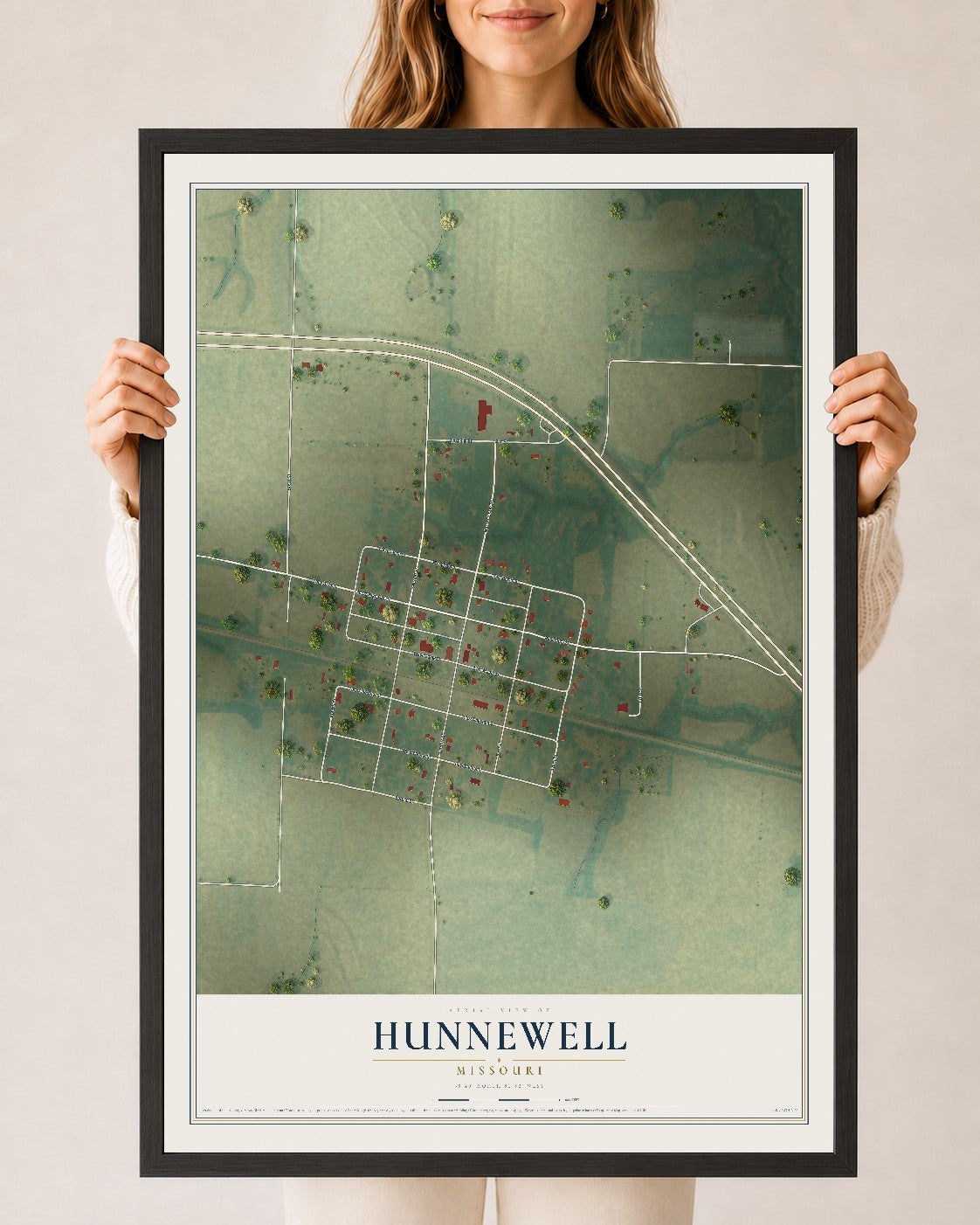 Map of Hunnewell, Missouri, 24 x 36 inch print in a black wood frame