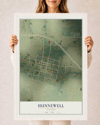 Map of Hunnewell, Missouri, 24 x 36 inch print in a white wood frame