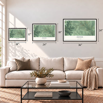 Hunter, Missouri map in 12 x 18, 18 x 24 and 24 x 36 inch sizes above a sofa