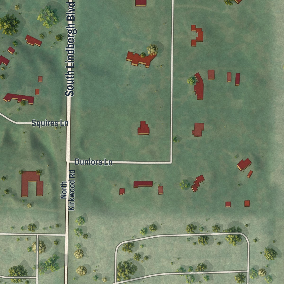 Second close-up of the map of Huntleigh, Missouri print showing more streets and buildings