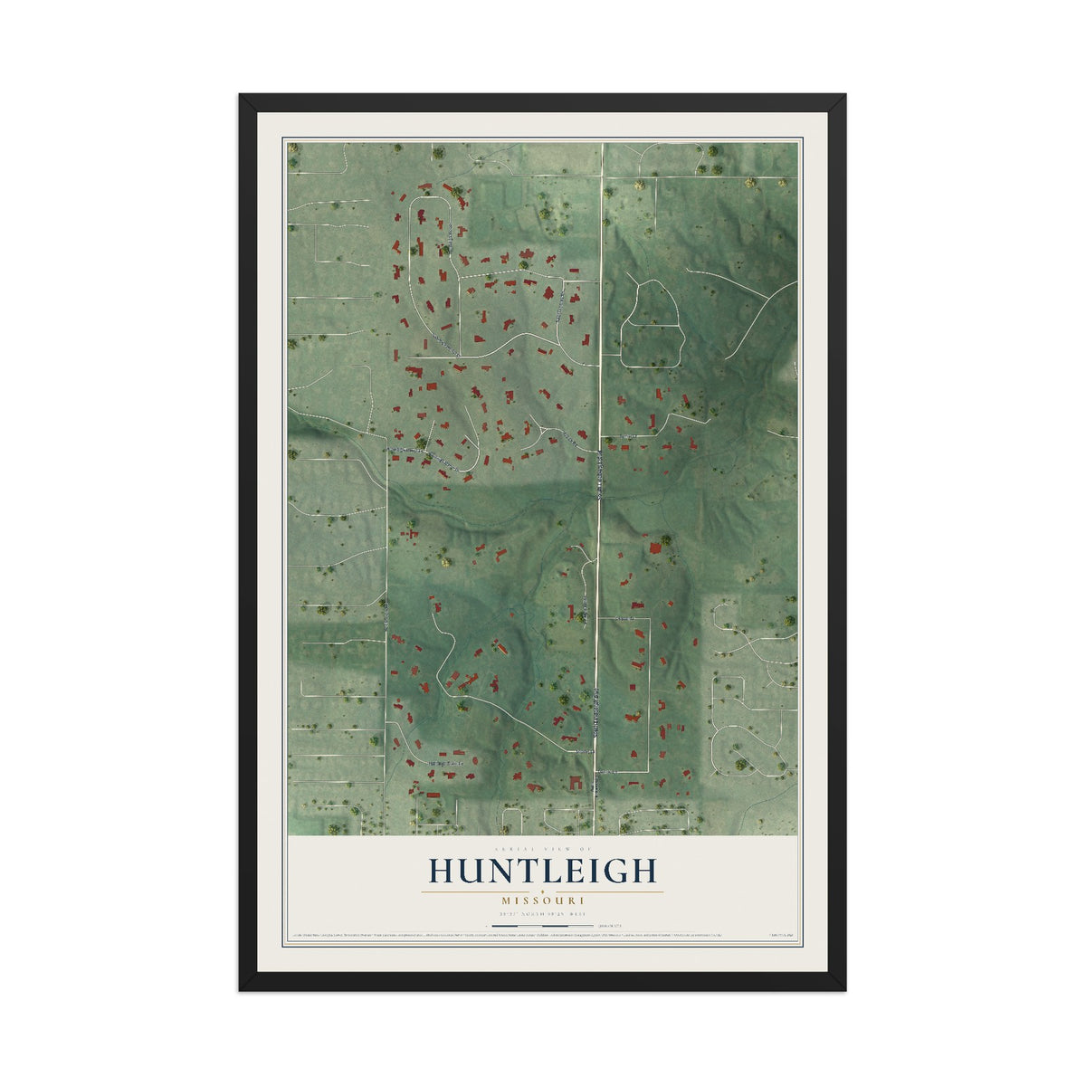 Map of Huntleigh, Missouri, 12 x 18 inch print in a black wood frame