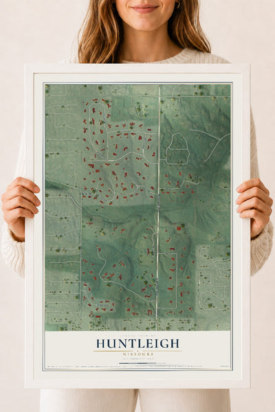 Map of Huntleigh, Missouri, 18 x 24 inch print in a white wood frame