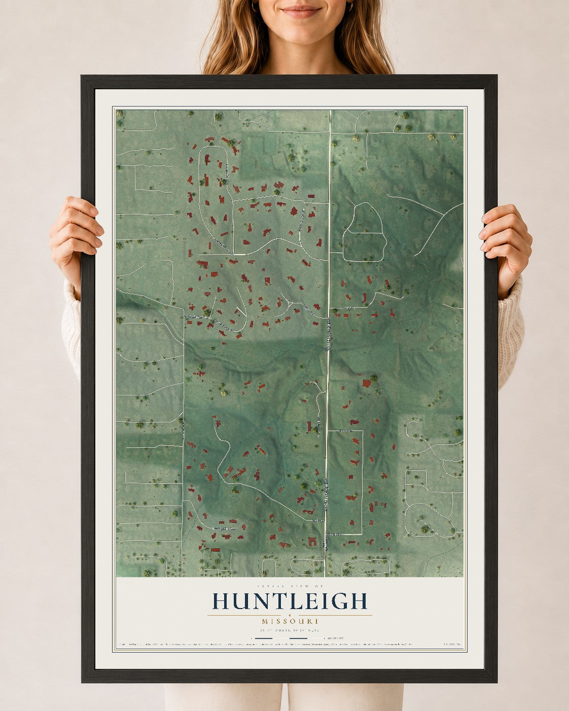 Map of Huntleigh, Missouri, 24 x 36 inch print in a black wood frame
