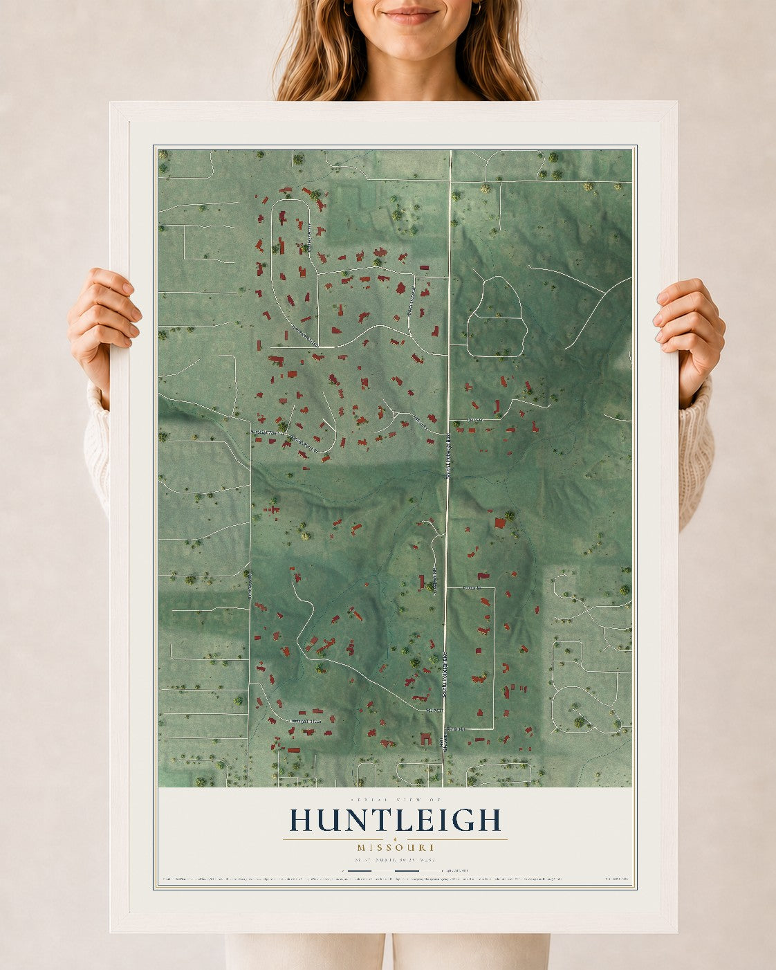 Map of Huntleigh, Missouri, 24 x 36 inch print in a white wood frame