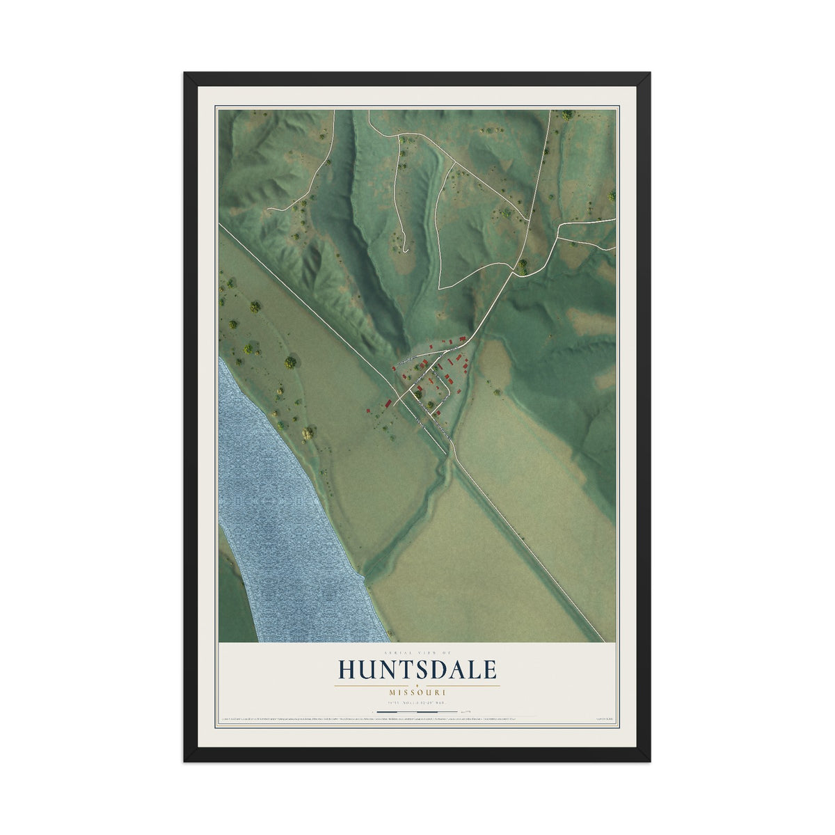 Map of Huntsdale, Missouri, 12 x 18 inch print in a black wood frame