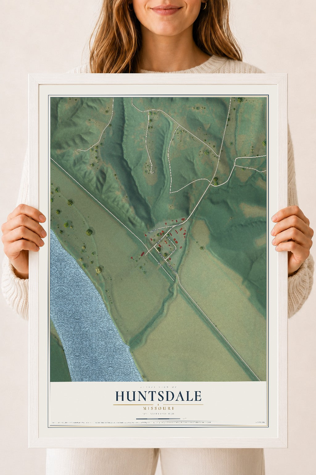 Map of Huntsdale, Missouri, 18 x 24 inch print in a white wood frame