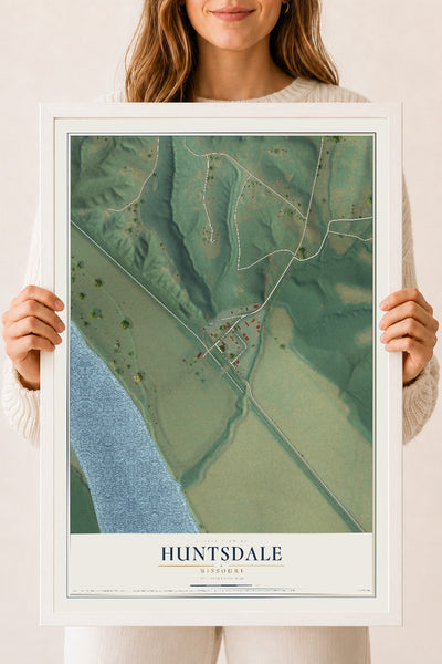 Map of Huntsdale, Missouri, 18 x 24 inch print in a white wood frame