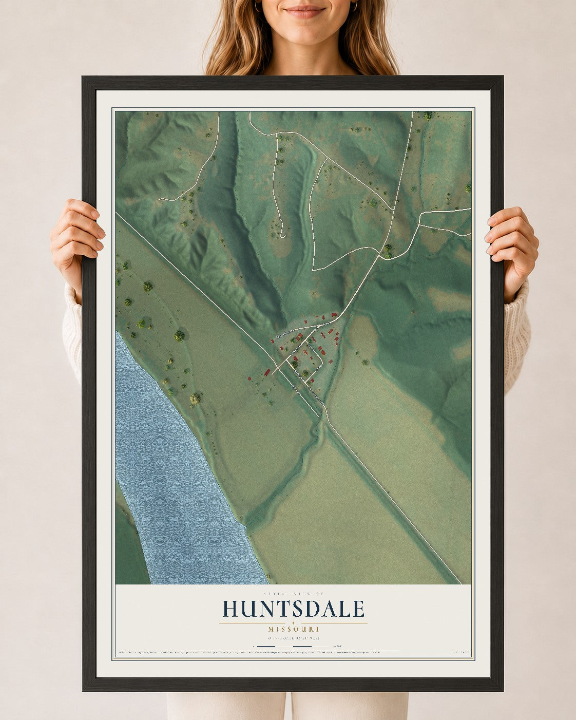 Map of Huntsdale, Missouri, 24 x 36 inch print in a black wood frame