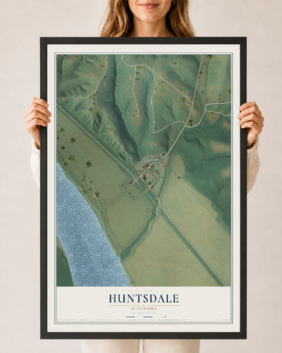 Map of Huntsdale, Missouri, 24 x 36 inch print in a black wood frame