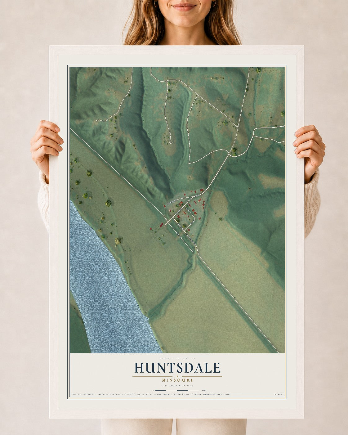 Map of Huntsdale, Missouri, 24 x 36 inch print in a white wood frame