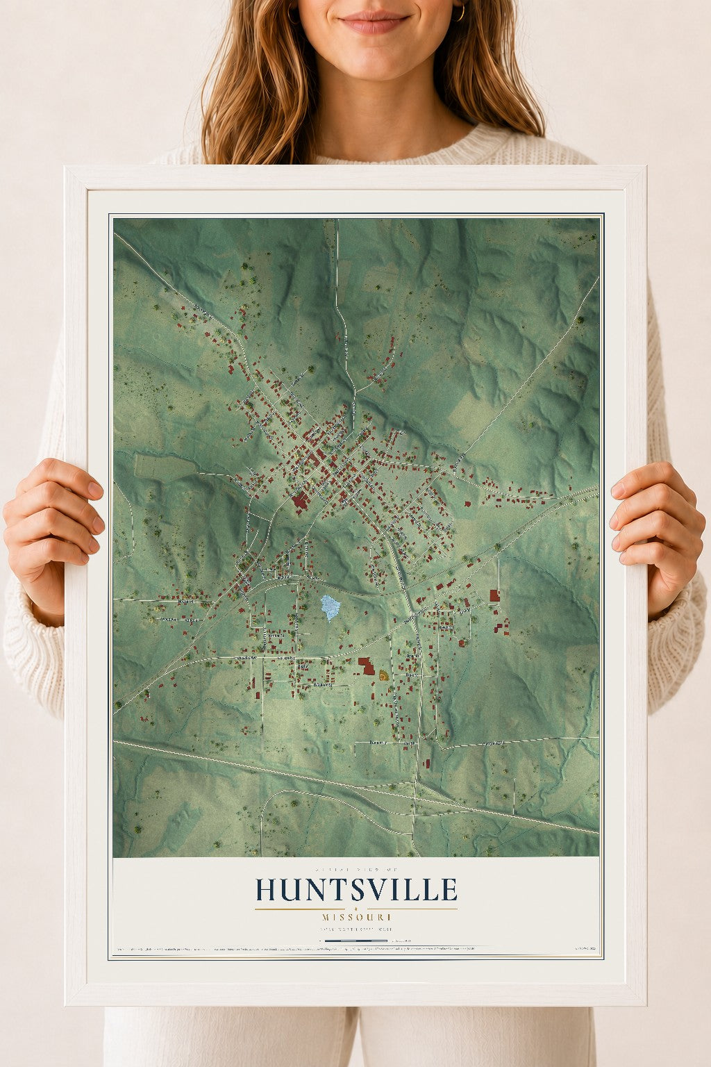 Map of Huntsville, Missouri, 18 x 24 inch print in a white wood frame